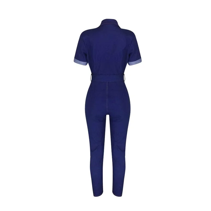 2021 Fashion Casual Sexy Denim Jumpsuits Summer Single-breasted Pockets Slim Female Bodysuits Lapel Sashes Overalls for Women
