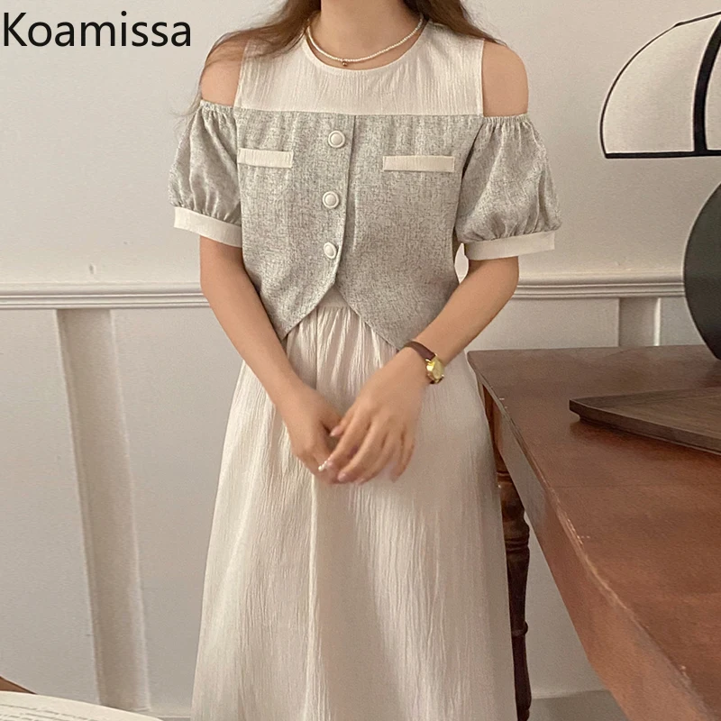 

Koamissa Vintage Women Short Sleeve Long Dress Fashion New 2023 Office Lady Slimming A Line Vestidos Korean Chic Patchowrk Robes