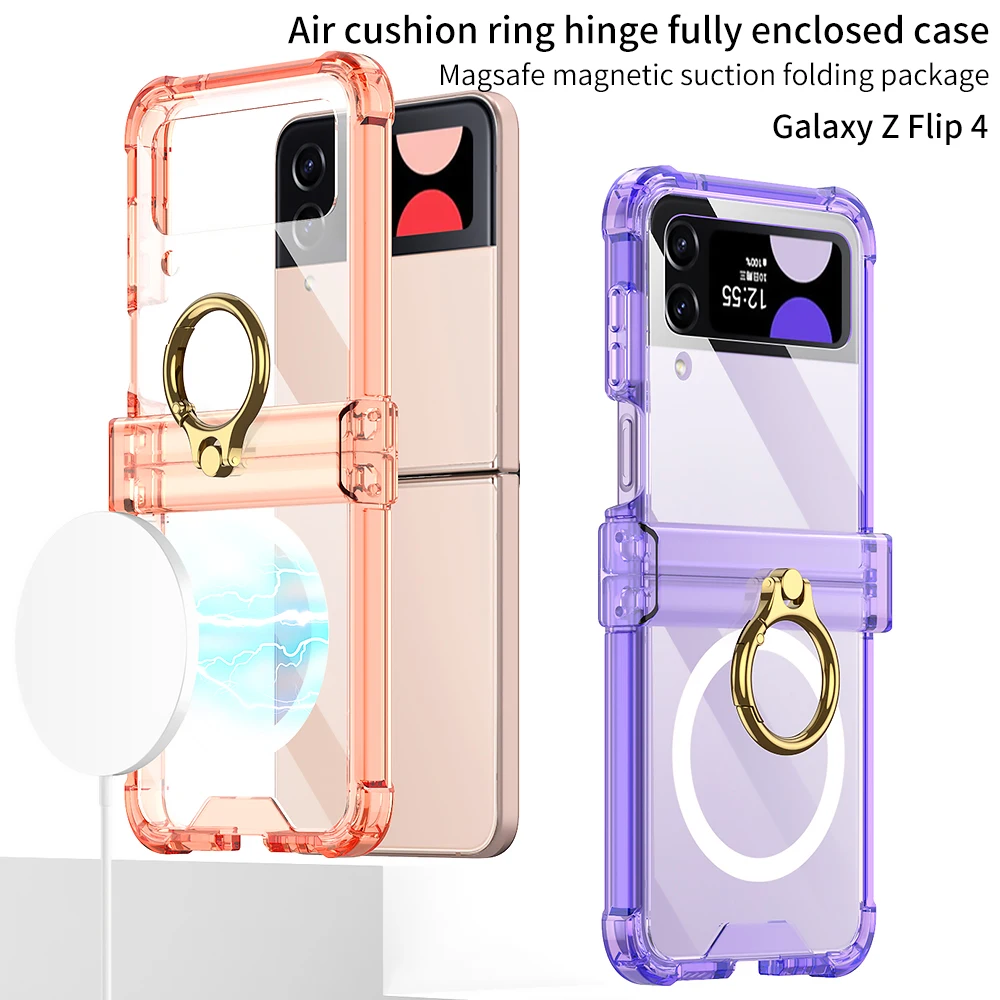 For Samsung Galaxy Z Flip 4 Magsafe Magnetic Wireless Charging Case Transparent Ring Holder Folding Hinge Shockproof Back Cover