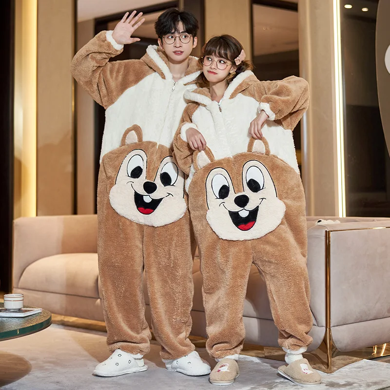Winter Couple Pajamas Jumpsuits Onesie  Women Men Warm Thicken Cartoon Squirrel Sleepwear One-Pieces Lovers Pyjamas Hoodie Suit