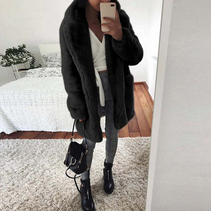 Winter Lapel Mid Length Fur Coat for Women Solid Fashion Casual Rabbit Fur Warm Coat for Women