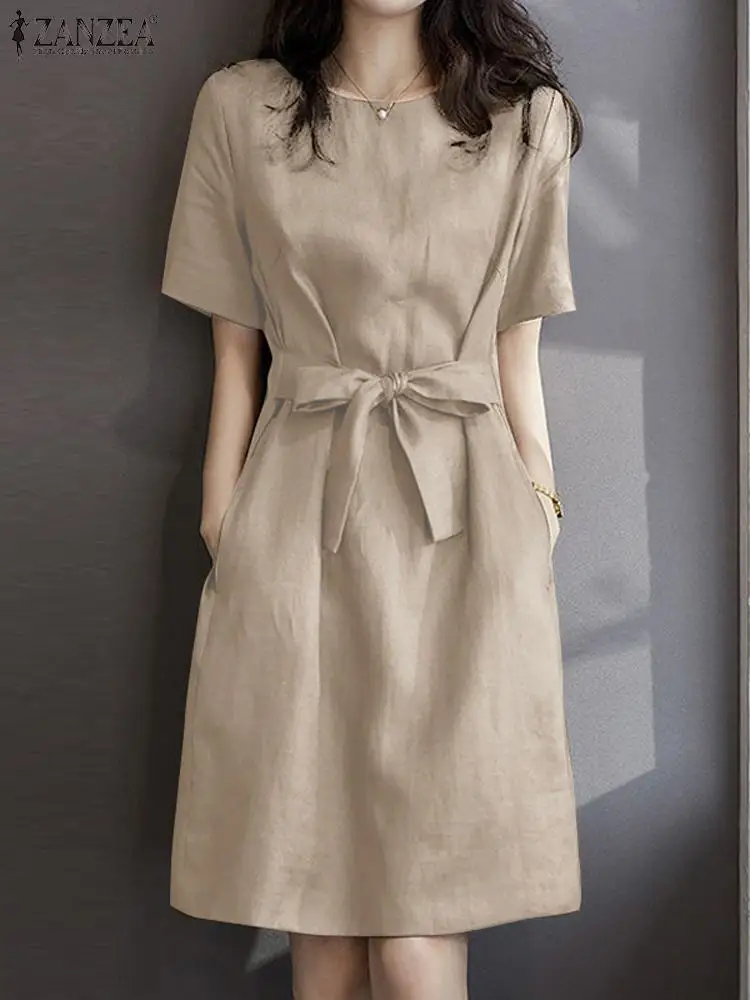 

Женский Повседневный Сарафан ZANZEA до колен, праздничное однотонное Модное Элегантное пляжное платье с коротким рукавом и круглым вырезом