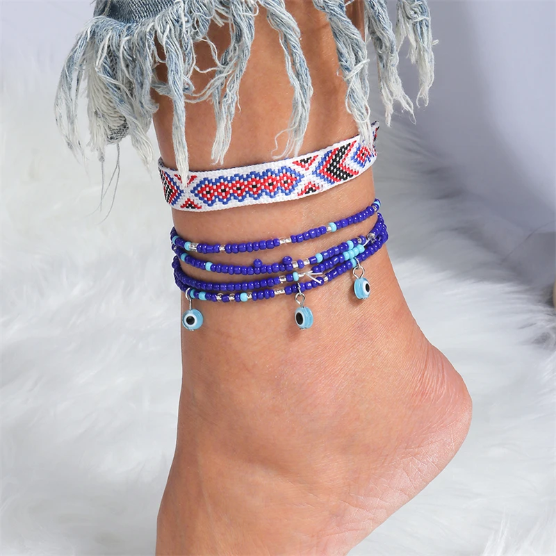 

Bohemian Handmade Embroidery Anklets Braided Ankle Bracelets on Leg for Women Turkish Lucky Blue Eye Anklets Summer Beach Gifts