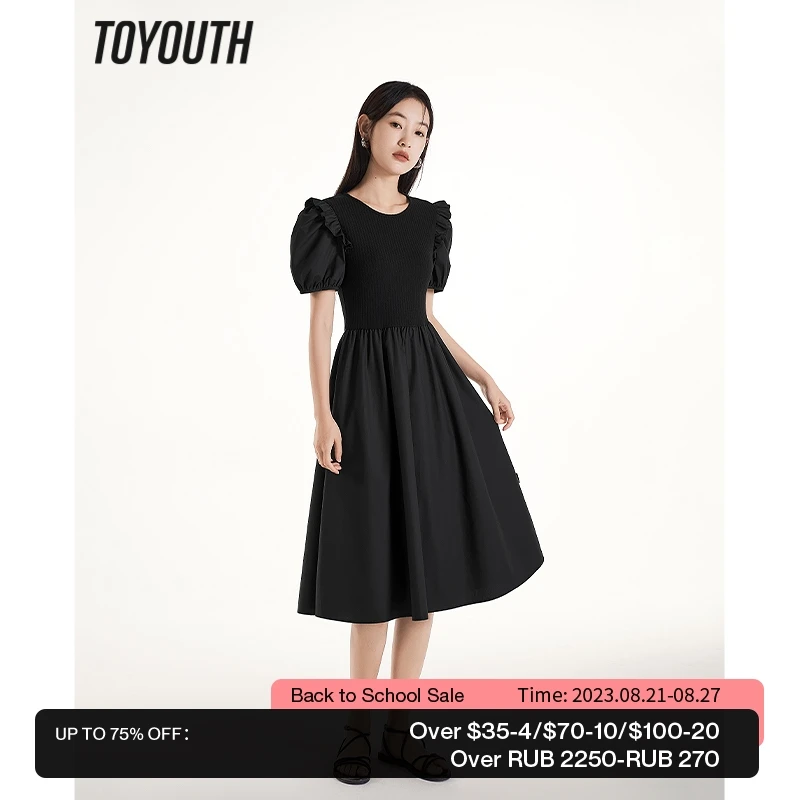 

Toyouth Women Dress 2023 Summer Puff Sleeve Round Neck A-shape Slim Waist Pleated Design Elegant Casual Holiday Black Skirt
