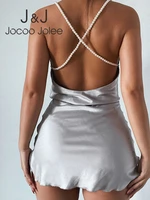 sexy backless pearl cross women mini dress bodycon strap sleeveless deep v solid white summer 2022 elegant party club dresses