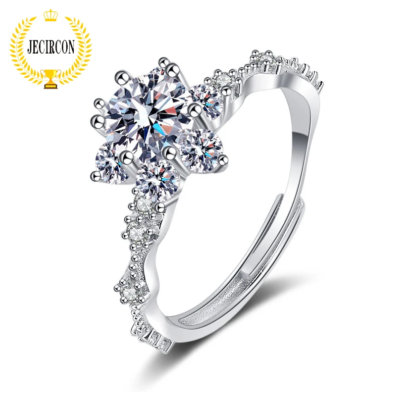 

JECIRCON Summer New 925 Sterling Silver Snowflake Ring for Women 1ct Moissanite Platinum-plated Opening Luxury Wedding Jewelry
