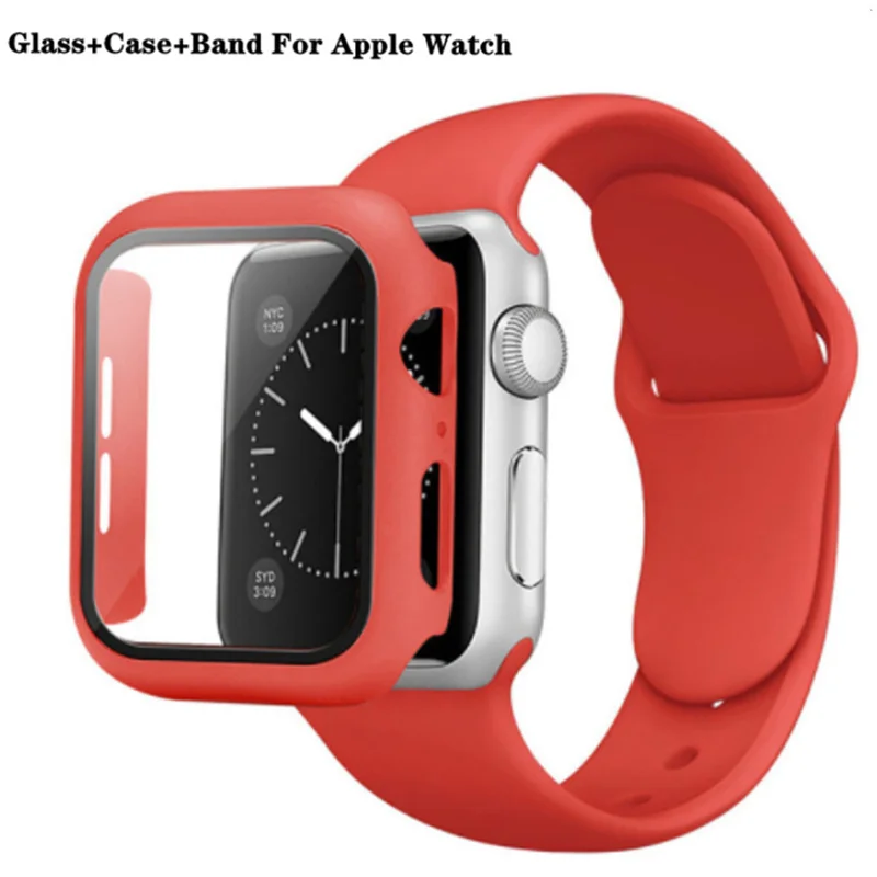 

Glass+Case+Strap For Apple Watch band 45mm 41mm 44mm 40mmm 38mm 42mm 45mm Sport Silicone bracelet iWatch series 4 5 6 se 7 band