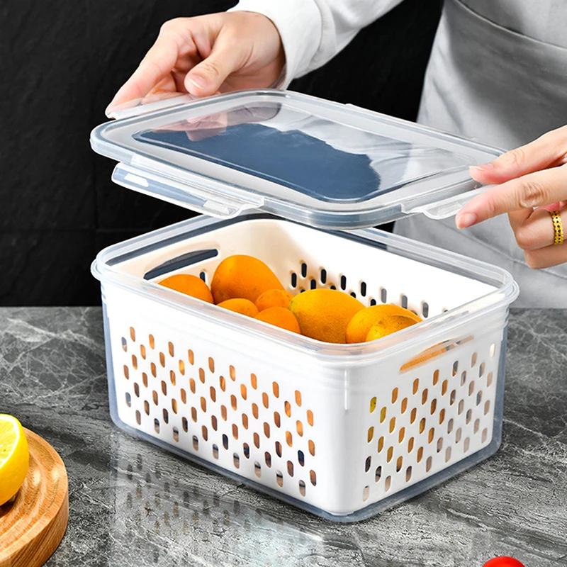 

Drain Fresh Basket Containers Kitchen Refrigerator Boxes Fruit Storage Organizer Vegetable Fridge Pantry Organizer Box Storage