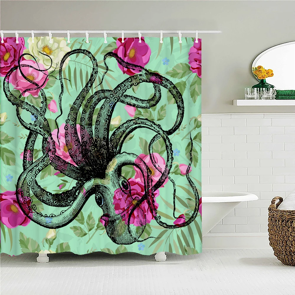 

Curtains Bath Curtain Waterproof Bathroom Octopus Seas Shower Polyester Home Decor Washable Octopus Bathroom Screen Cortina Baño