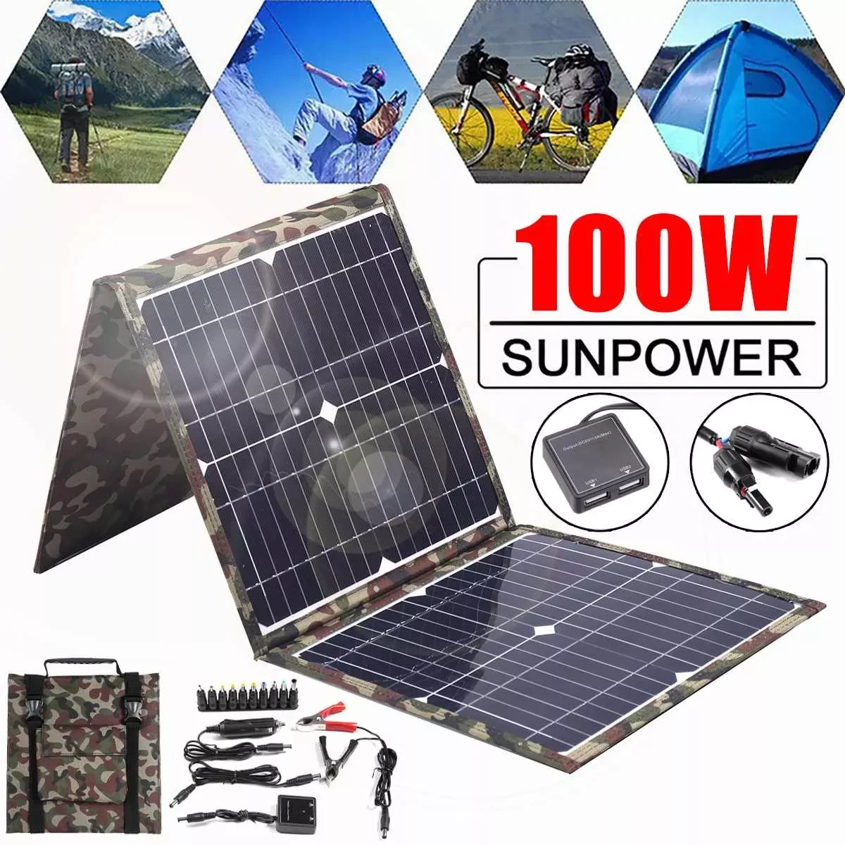 

Foldable Solar Panel 12V Dual-USB Power Portable Outdoor Solar Cell Camping Hiking Travel Phone Charger 100W Solar Panel Kit