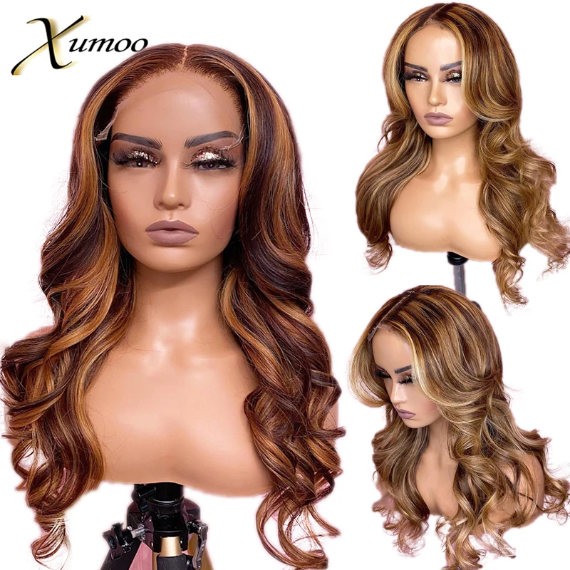 Body Wave Highlight Honey Blonde Brown Ombre Colored 4x4 Closure Transparent 13x6 Lace Front Human Hair Wig for Black Women Remy