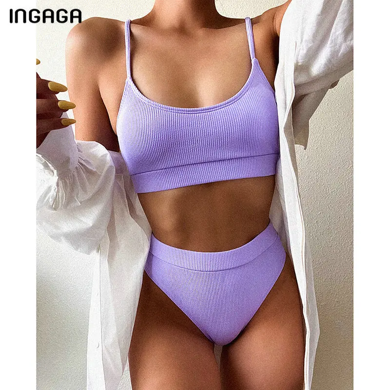 INGAGA Push Up Bikini Set Women's Swimsuit 2022 New High Waist Swimwear Ribbed Biquini  Brazilian Bikini Bathing Suit Women
