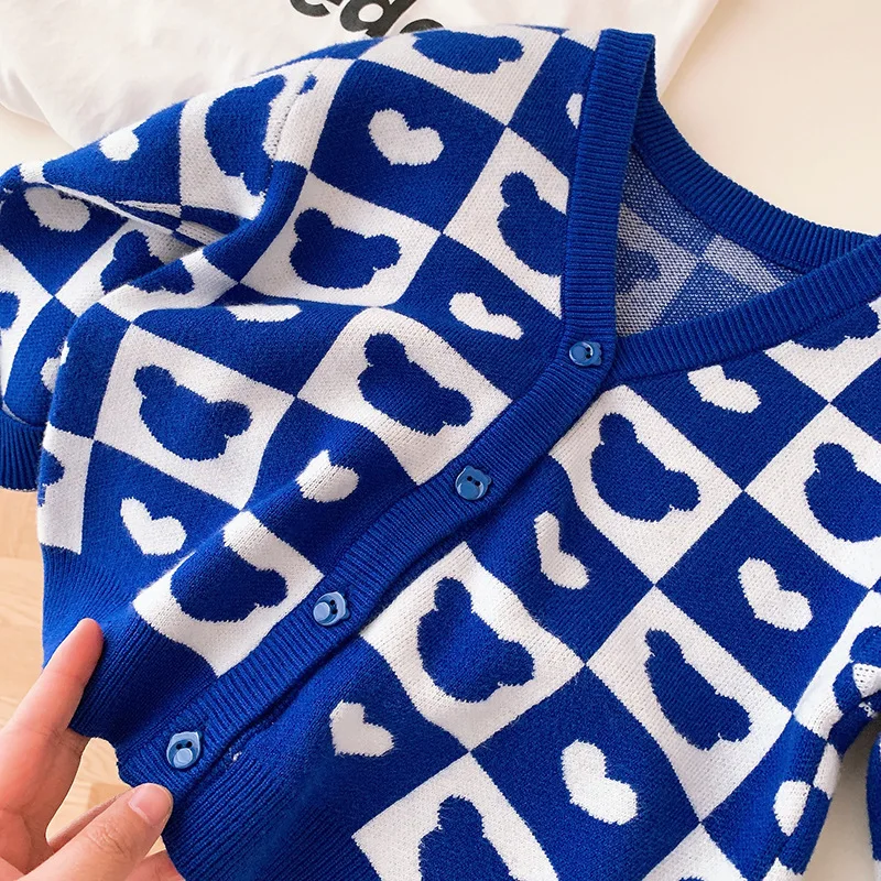 

Spring Autumn Costume Kid Girl Knitted Cardigan Love Sweater Boy Baby Plaid Bear Long Sleeve Tops Jacket Children Casual Coat