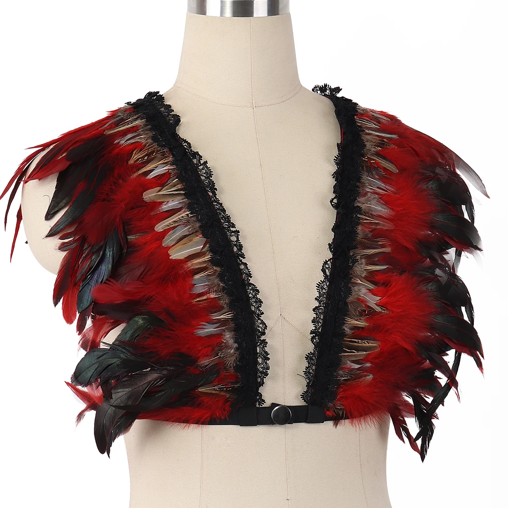 Red Natural Feather Shrug Shawl Shoulder Cape Gothic Collar Plus Size Ties Cosplay Costume Party Body Cage Harness Bra Belt
