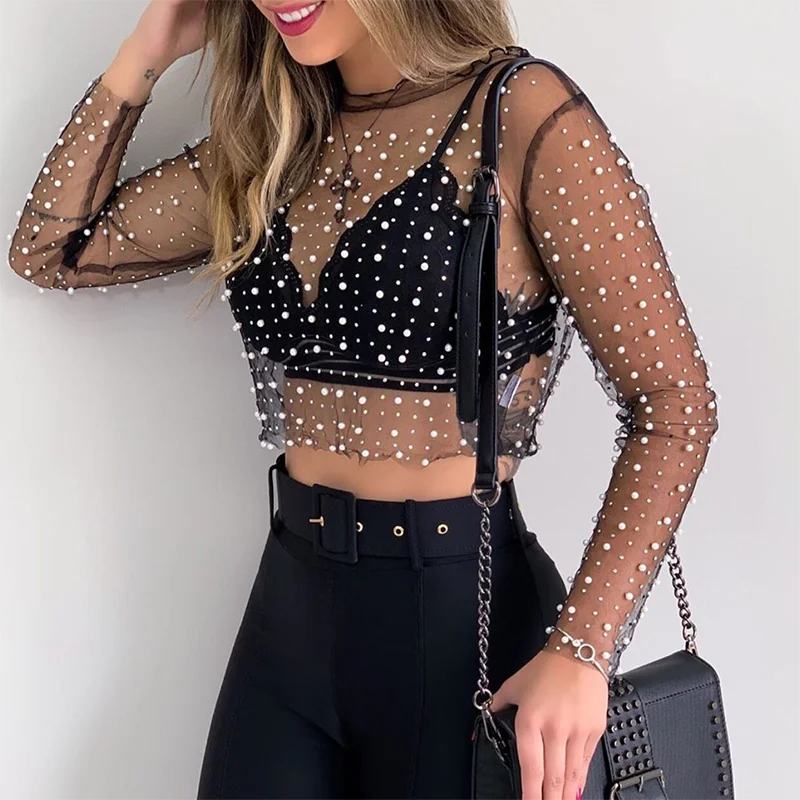 

Beach Sexy Women's Round Neck Long Sleeve T-shirt Perspective Lace Shirt Bright Diamond Beads Inside Out Wear Mesh Long Sleeve