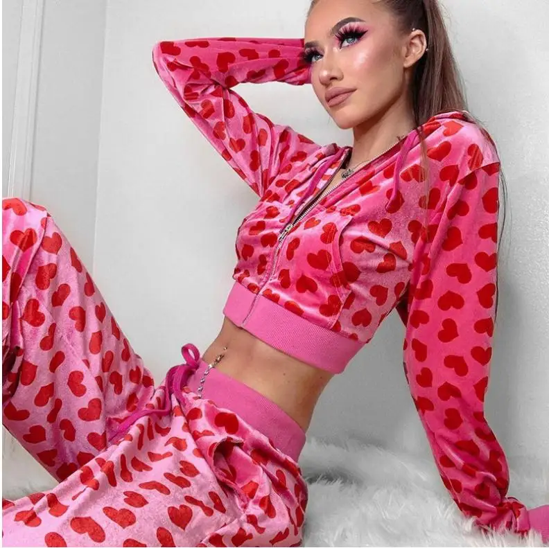 

Heart print casual sports suit, street short cardigan Sweatshir lace-up hoodie pants 2-piece set for Woman tracksuit Sportswear