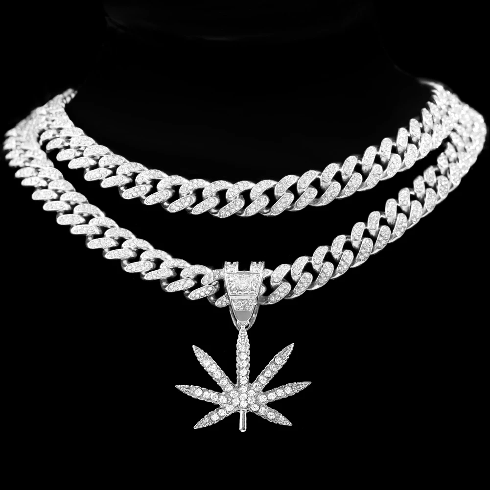 

Bling Iced Out Crystal Maple Leaf Pendant Cuban Choker Necklace for Women Luxury Zircon Tennis Chain Necklace Hip Hop Jewelry