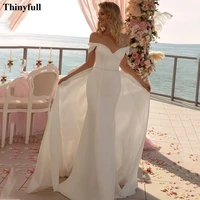 thinyfull 2022 ivory mermaid soft satin wedding dresses 2 pieces off the shoulder wedding gowns princess bridal gowns for bride