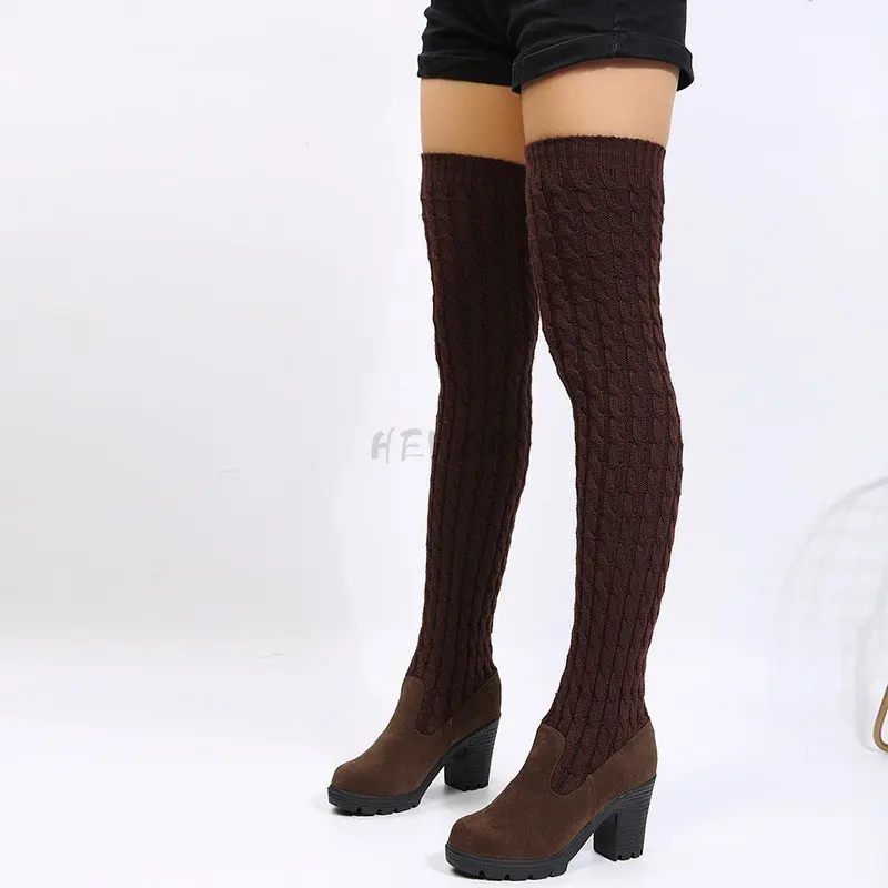 

NEW Women Boots Autumn Winter Ladies Fashion Flat Bottom Boots Shoes Over The Knee Thigh High Knitting Wool Long Brand Boots
