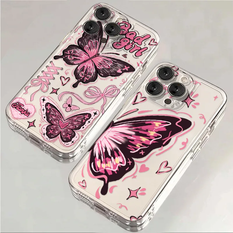 Прозрачный чехол для телефона с рисунком розовой бабочки iPhone 15 14 12 11 13 16 Pro Max Mini X XR