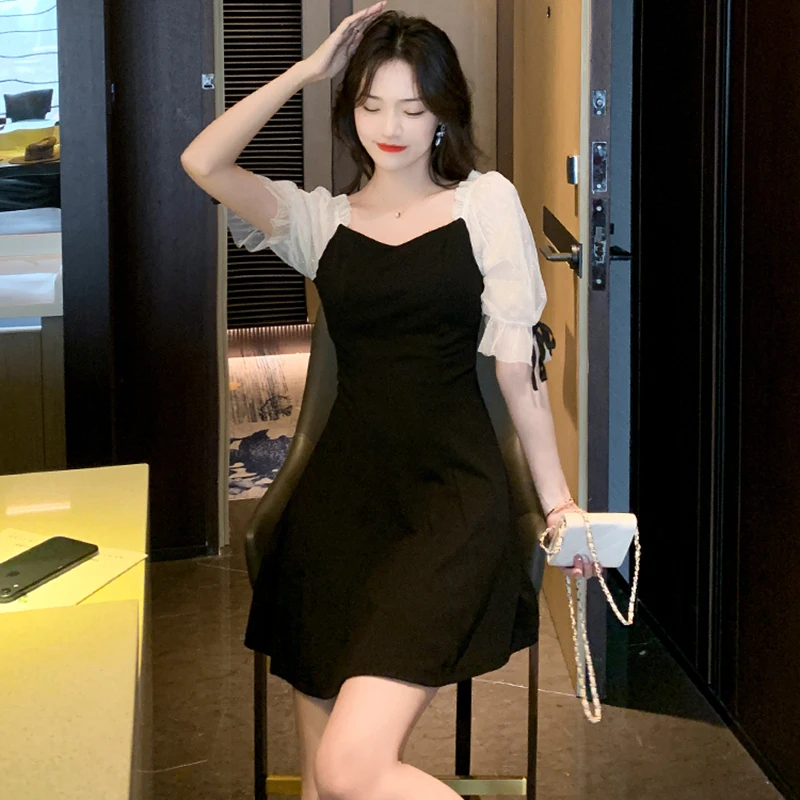 

Women Black Knitted Cotton Patcwhork Bow Mesh Puff Sleeve Square Collar Sexy Mini Dress 2022 Summer Korean Vintage Party Dresses