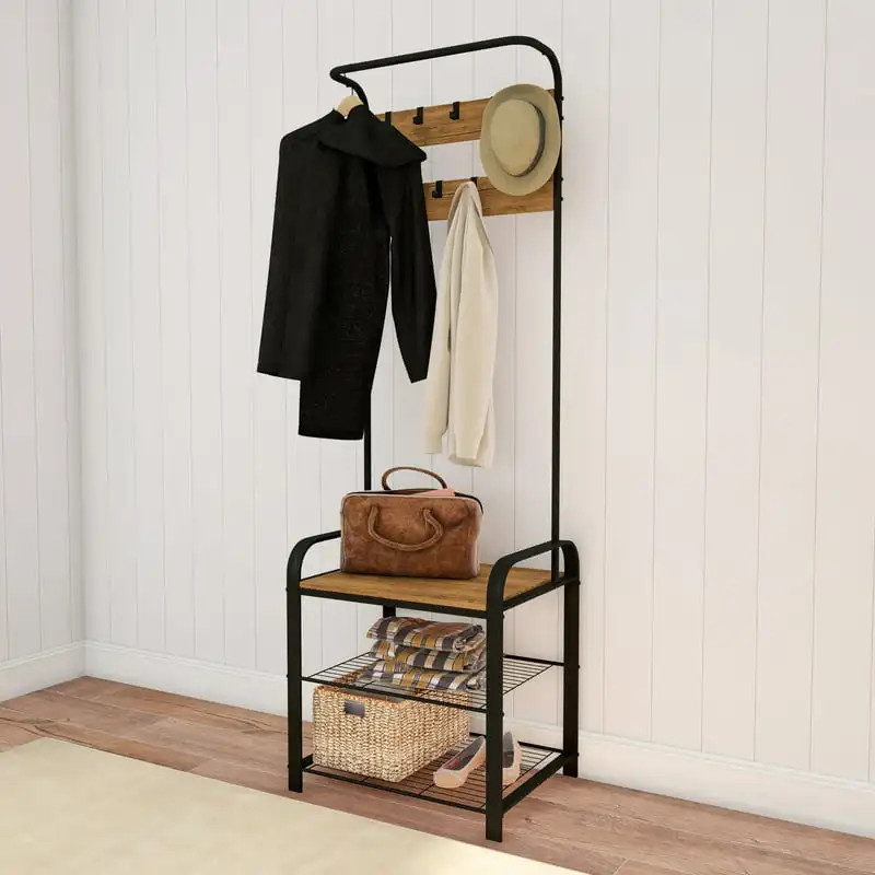 

Верстак для прихожей с вешалкой для пальто-металлическое дерево для прихожей с сиденьем, крючками и хранилищем обуви