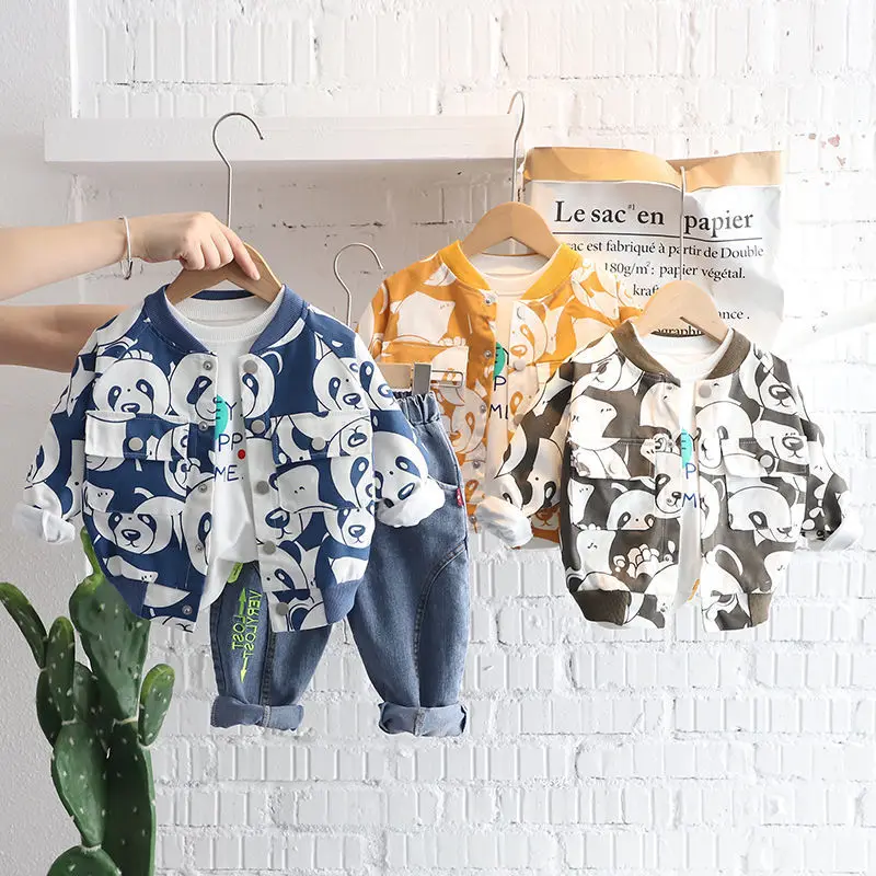 

2022 Spring Fall Boys Clothes Suits Coat+Long Sleeve Pullover+Jeans Kids Cartoon Panda Tracksuit 3Pcs Suit Children Clothing Set