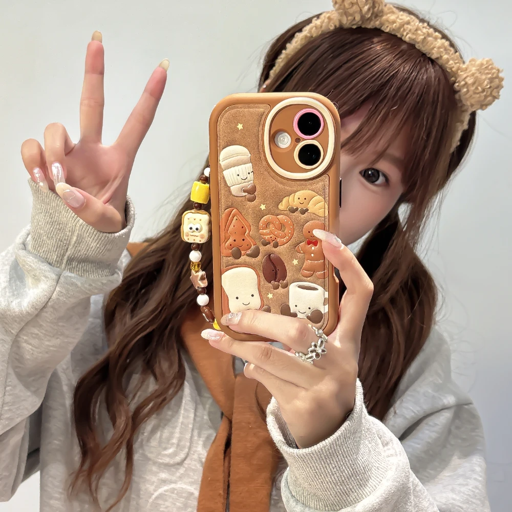 3D Circular Cortex Leather Gingerbread Man Pattern With Bracelet Phone Case For iPhone 13 14 15 16 pro max Shockproof Back Cover