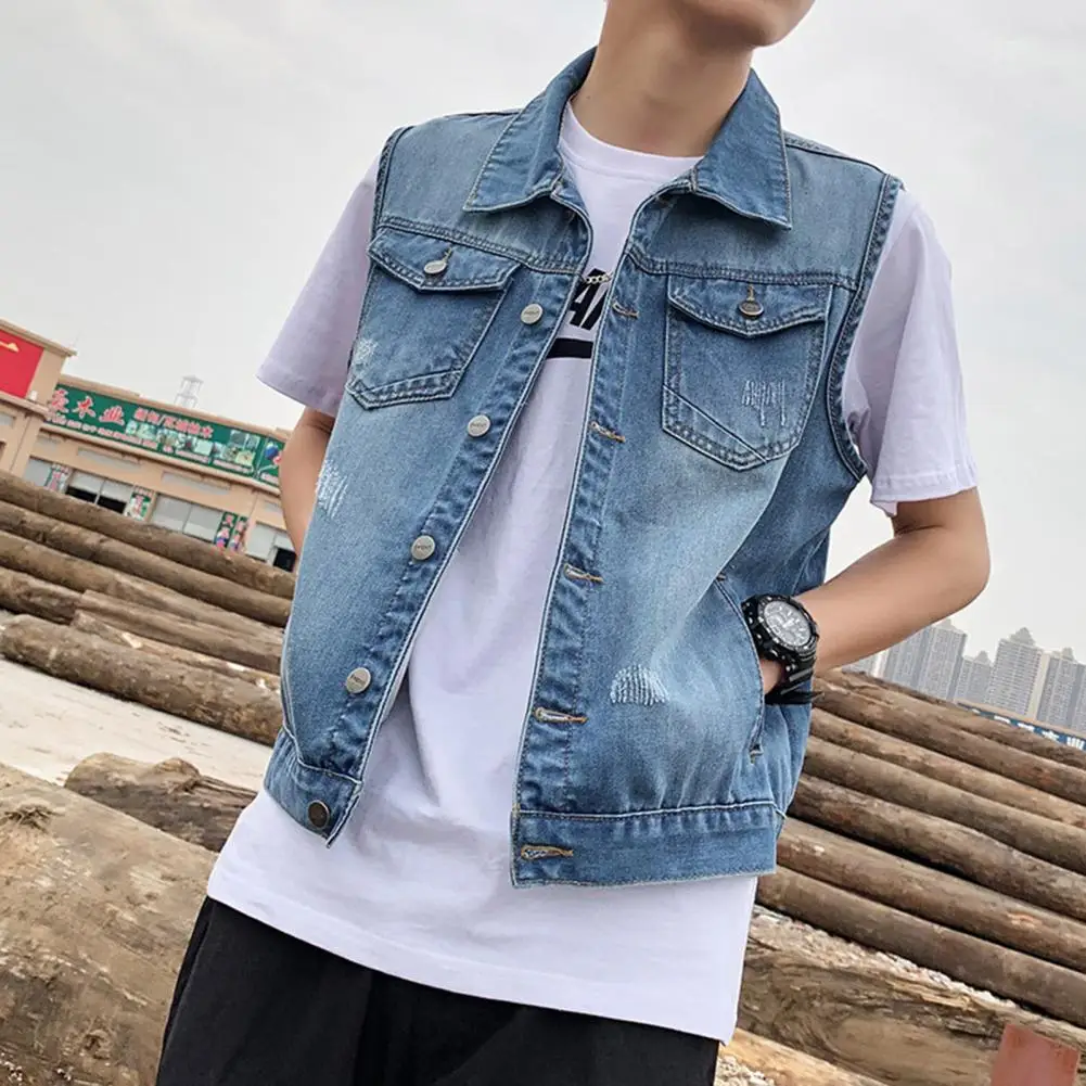 

Male Sleeveless Denim Vest Stylish Men's Lapel Sleeveless Denim Jacket Ripped Holes Pockets Single Breasted Design Casual for A