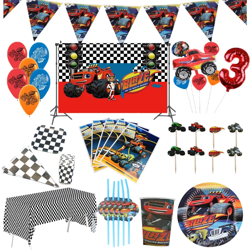 

Blaze and the Monster Machines Theme Disposable Tableware Paper Cup Plate Balloons Racing Car Party Supplies Baby Shower