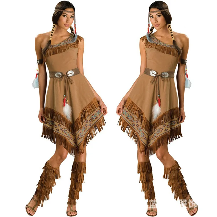 

Halloween Dresses Tassel Native Savage Cosplay Warrior Stage Costume Primitive Indian Wild West Indian Cosplay Costume