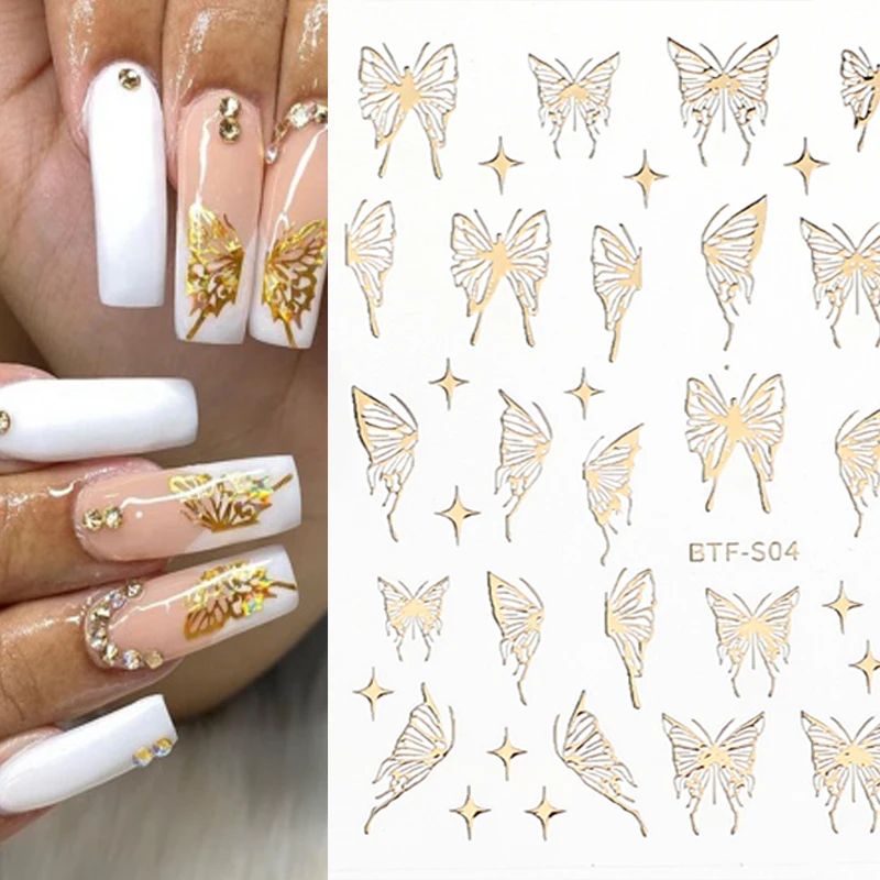 

Silver Gold Butterfly Nail Sticker Holographic Laser Butterfly Moon Start Adhesive Sliders Decals Foils Wraps Decorations Tools