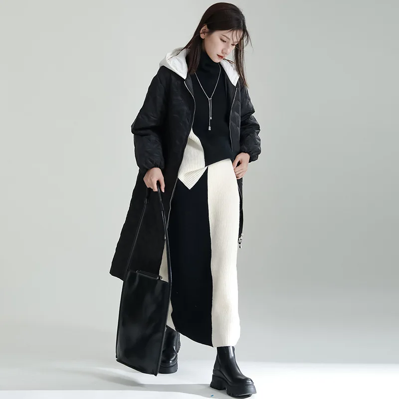 2022 Winter New Rhombus Hooded Down Jacket Collision Color In The Long Section of Thin Cotton Jacket Women