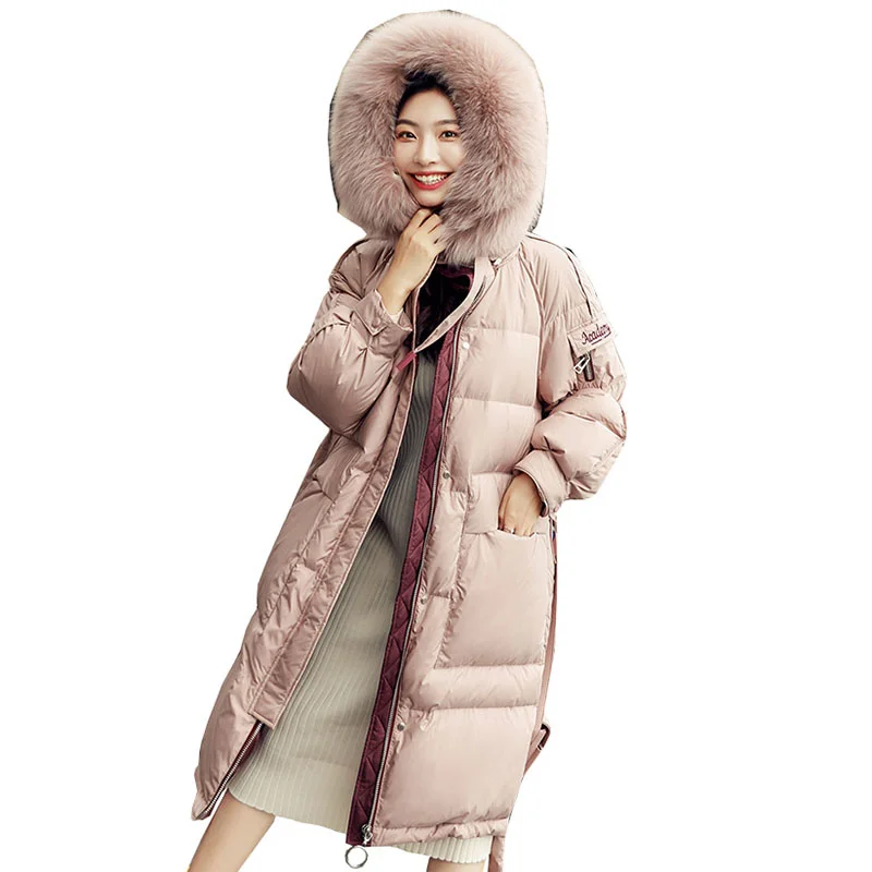 Women Winter White Duck Coat Faux Fox Fur Collar Hooded Jackets Thicken Warm Overcoat Elegant Lady Slim Down Jacket OK1134