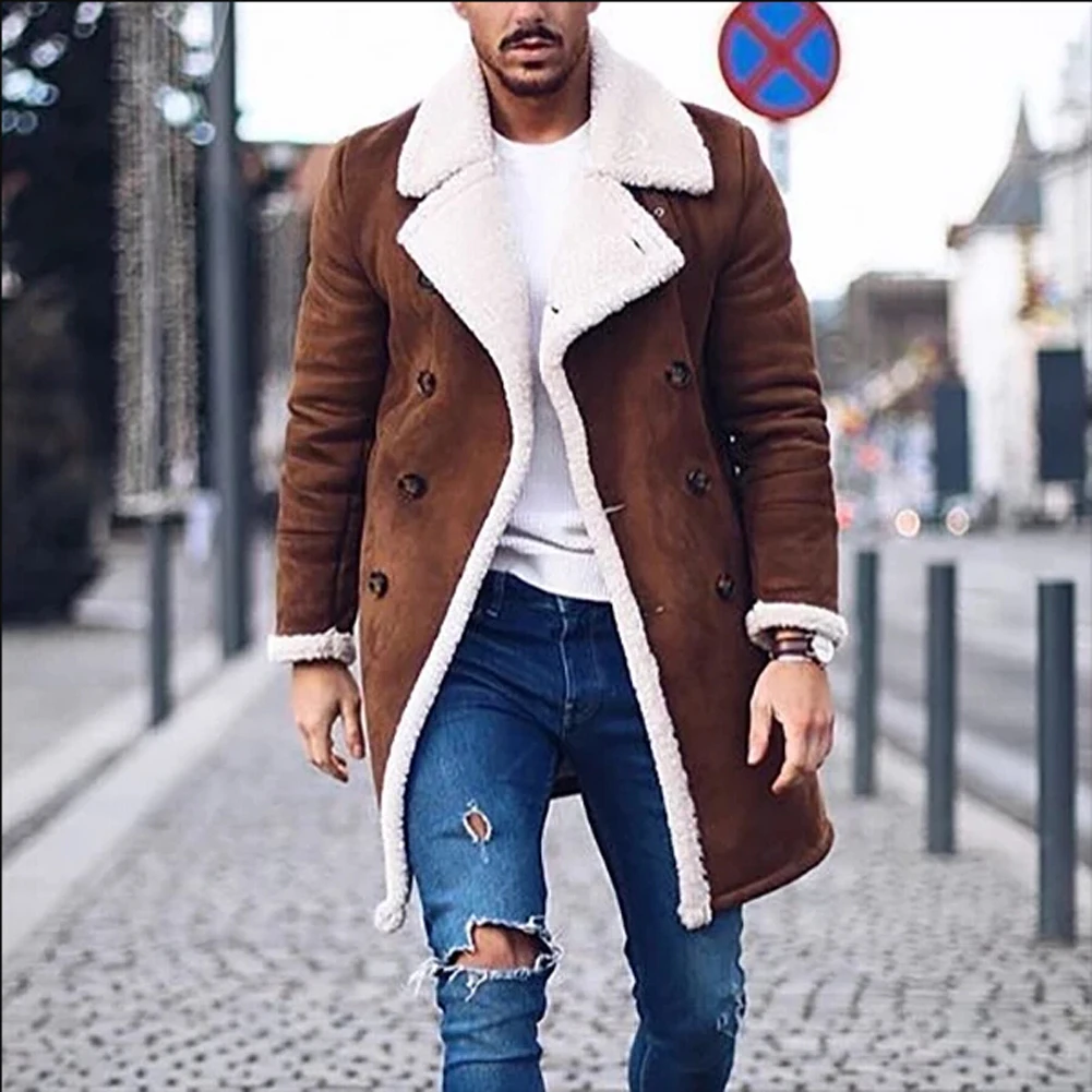 

Fashion Men Faux Fur Lambswool Trench Coat Winter Warm Thicken Jacket Woolen Peacoat Long Parka Overcoat Tops