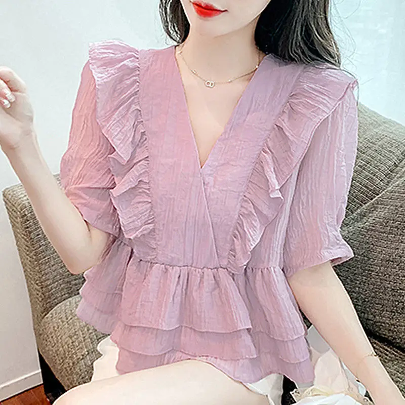 

Blouse female 2022 Summer casual V -neck short -sleeved shirt women's French super immortal sweet solid foreign blouse female