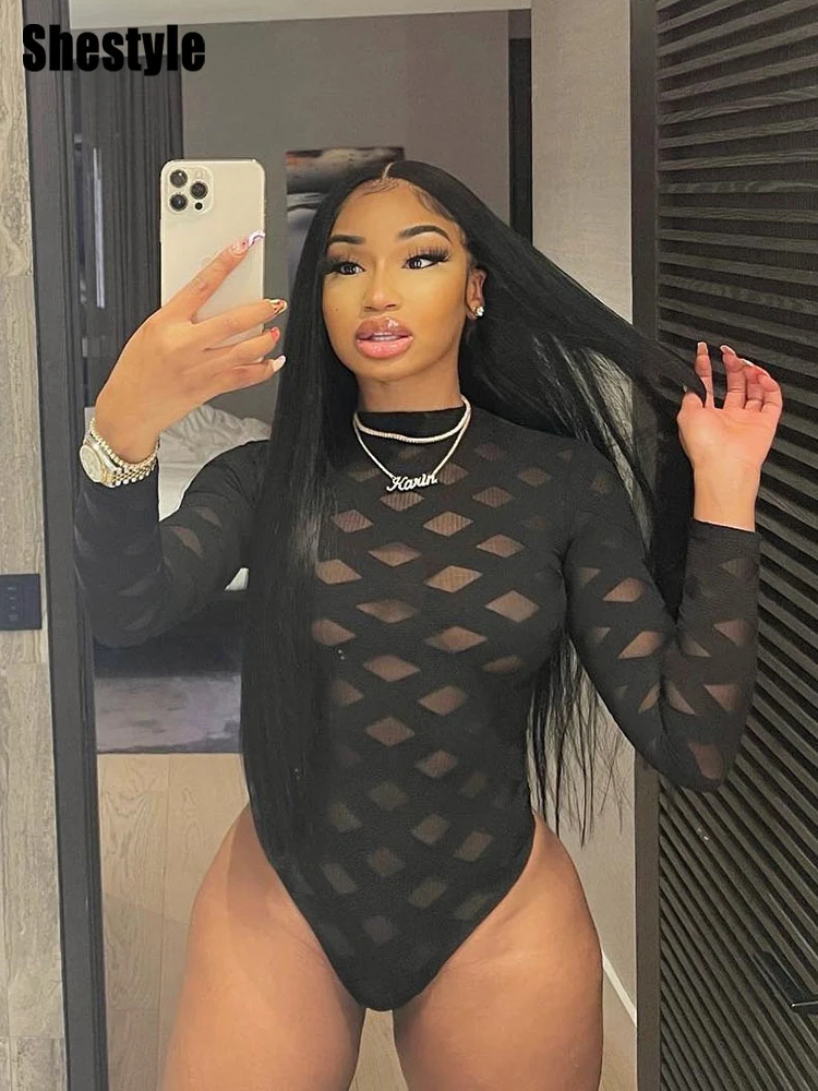 

Shestyle Plaid Diamond Full Sleeve Bodysuits Women Black Mesh See Through Mock Neck Sexy Brand Design Feature Party Clothing