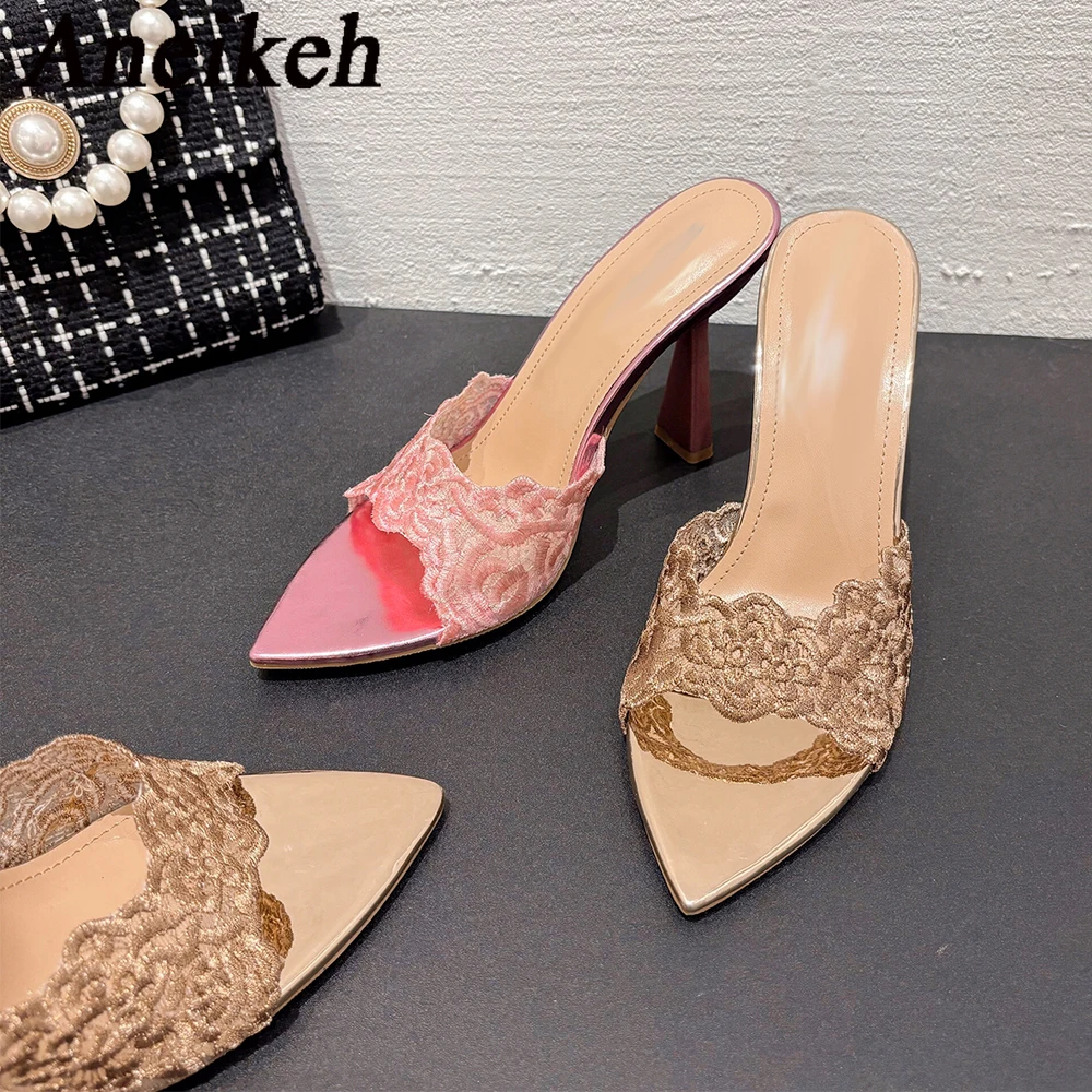 Женские шлепанцы с острым носком Aneikeh кружевные дизайнерские пикантные летние