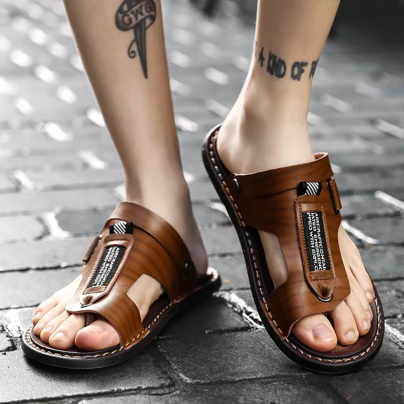 

2019 New Summer Male Outdoor Flip Flops Men Comfortable Casual Shoes Leather Men Breathable Beach Shoes Sandals Plus Size 38~48