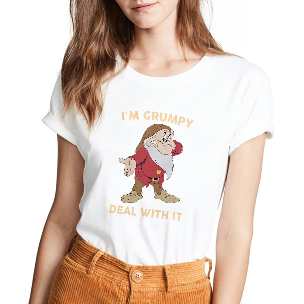 

Женские футболки Disney Fun Seven Dwarfs I'm Grumpy, новинка 2023, Летняя женская одежда, базовые блузки, белые женские топы с круглым вырезом, футболка