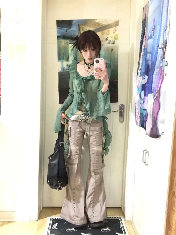 Элегантный винтажный зеленый кардиган с оборками на шнуровке Новые облегающие