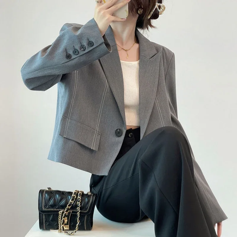 Укороченные блейзеры в Корейском стиле Женский Осенний шикарный однотонный