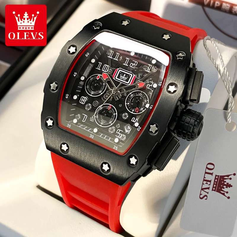 

OLEVS Tonneau Shaped Watches for Men Luxury Brand Rubber Strap Chronograph Luminous Waterproof Sports Quartz Wristwatch Men 3608
