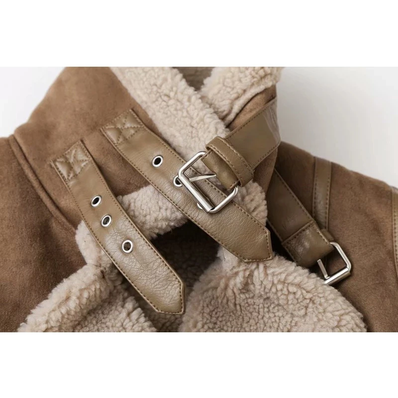 Short Motorcycle Brown  Leather Coats Winter  Lady Faux Shearling Sheepskin Fake Leather Jackets Women Thick Warm Suede Lambs enlarge