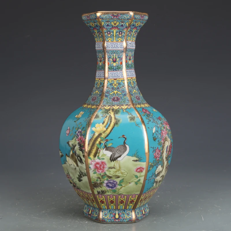 

Enamel porcelain vase Jingdezhen ceramic Hexagonal Flower and bird pattern vase ornaments collection antique vase authentic Anti