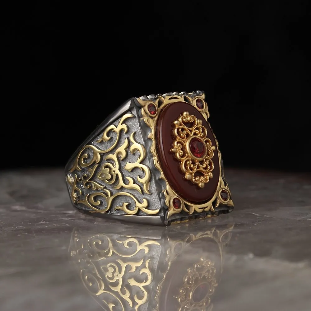 

Sterling Silver Man Ring Natural Stone(Agate) Ottoman Silver,, handmade 925k Made in Turkey Outstanding Gift