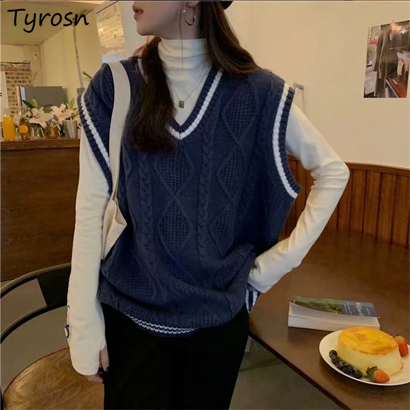 

Women V-neck Sweater Vests Ulzzang Casual Tricot Bf Preppy Style Femme All-match Daily Streetwear Patchwork Ins Jumpers Clothing