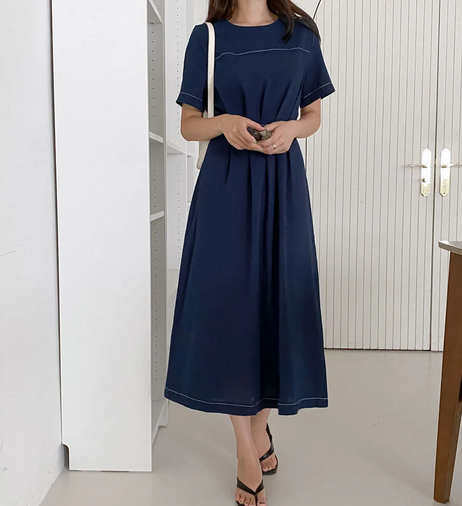 Open Line Dress Women South korea Retro round Neck Pleat Slingback Waist Hugging Slimming Elegant All-Match Short sleeve A- l...