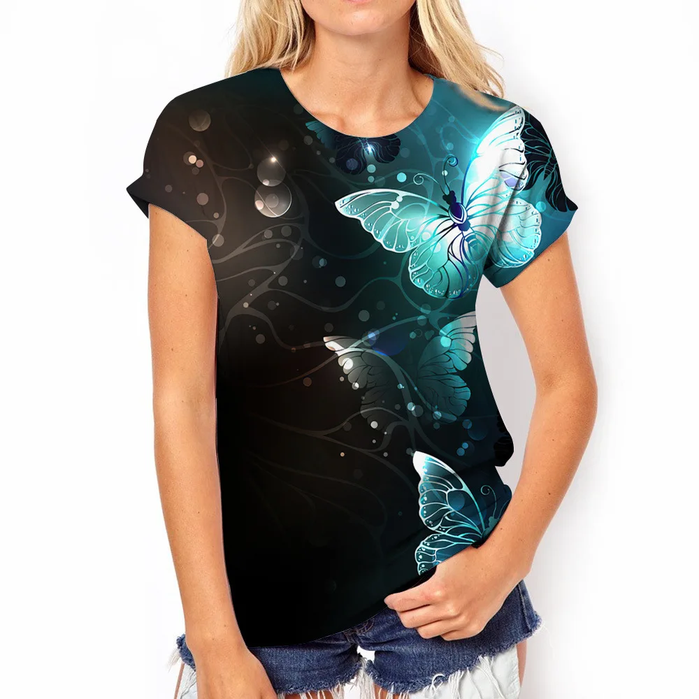 

Уличный тренд, модная летняя повседневная женская футболка с цифровым 3D-принтом бабочки, повседневные уличные пуловеры с коротким рукавом и круглым вырезом