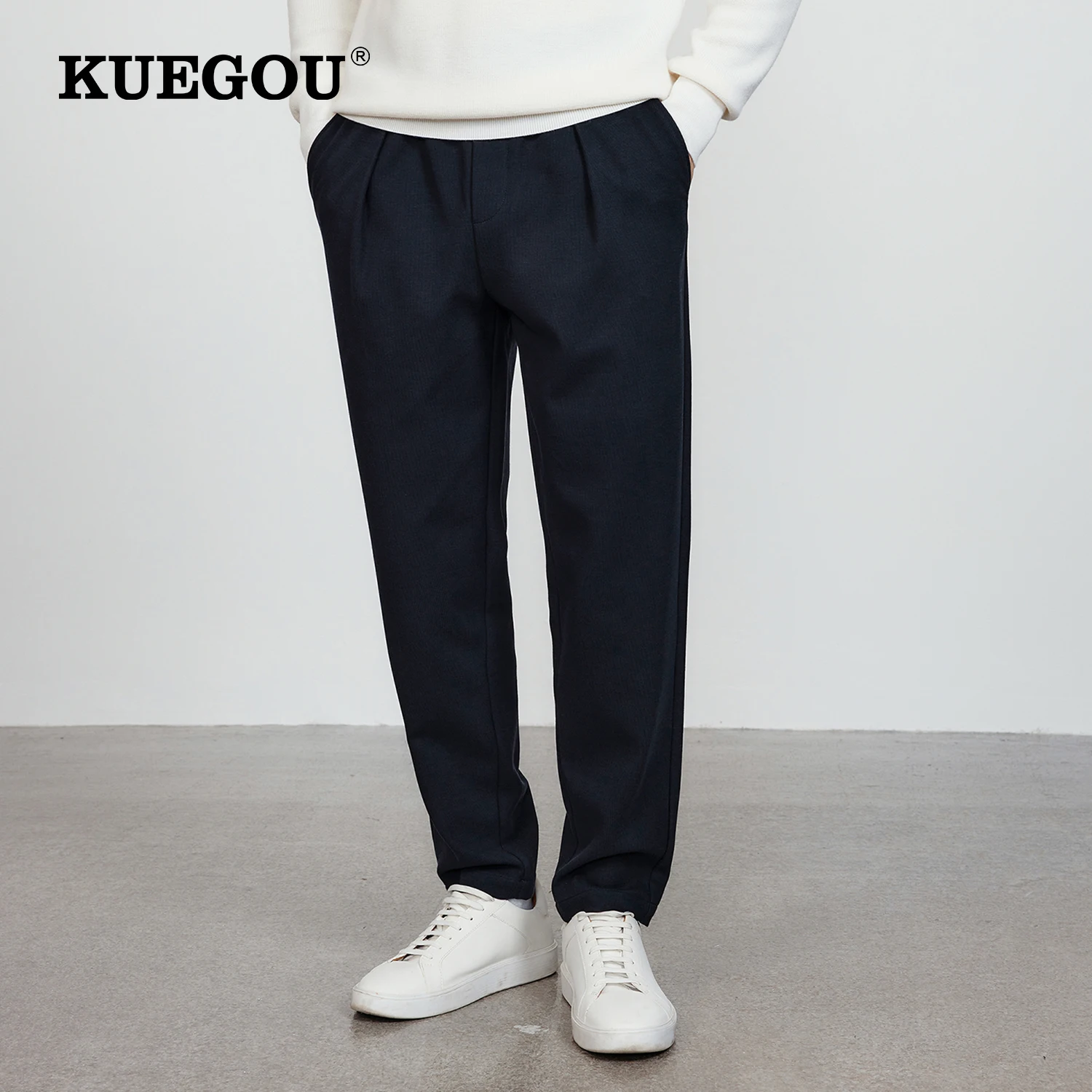 KUEGOU 2022 Autumn Cotton Solid Black Casual New Pants Men Classic Brand For Male Wear Work Straight Pocket Long Trousers 5260
